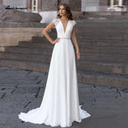 NumberSea - NumberSea Abiti Donna Modest Bridal A Line Wedding Dress Summer 2021 Simple V - neck Backless Beach Wedding Dresses Long Train Lakshmigown