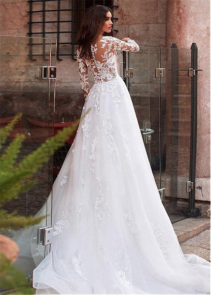 Sunnderly Attraktives A-Linien-Brautkleid aus Tüll mit juwelenförmigem Ausschnitt, durchsichtigem Oberteil, Spitzenapplikationen und Perlenbesatz und langen Ärmeln