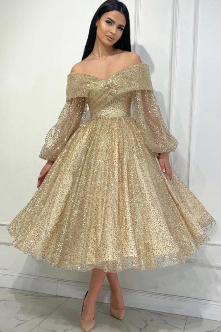 Obsessing Gold A-Linie Off-the-Shoulder Pailletten Ballkleid mit langen Ärmeln