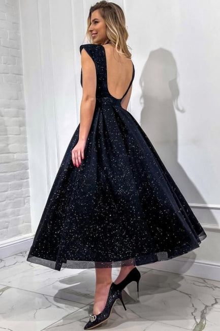 Obsessing – Langes, schwarzes, ärmelloses Ballkleid in A-Linie mit V-Ausschnitt und Pailletten