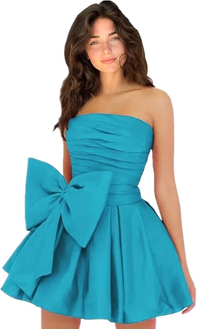 Vestidos de fiesta cortos y elegantes de corte A, sin mangas, sin tirantes, fruncidos, con cordones y lazo