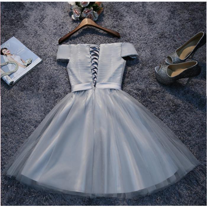Vestidos de fiesta cortos de tul gris con hombros descubiertos, vestidos de regreso a casa PD111