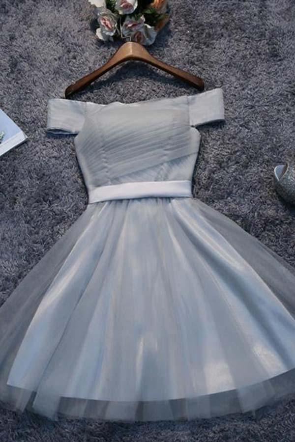Vestidos de fiesta cortos de tul gris con hombros descubiertos, vestidos de regreso a casa PD111