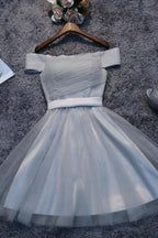 Vestidos de fiesta cortos de tul gris con hombros descubiertos, vestidos de regreso a casa PD111