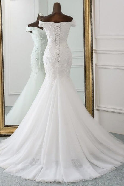 Off Shoulder Lace-up Applique Pretty Mermaid Elegant Wedding Dresses