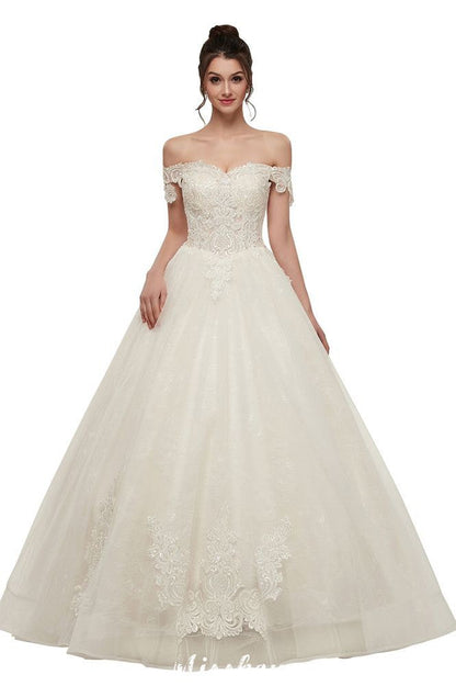 Off-shoulder Sweetheart A-line Lace-up Floor Length Lace Appliques Wedding Dresses