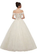 Off-shoulder Sweetheart A-line Lace-up Floor Length Lace Appliques Wedding Dresses