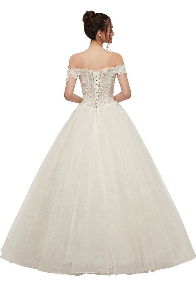 Off-shoulder Sweetheart A-line Lace-up Floor Length Lace Appliques Wedding Dresses