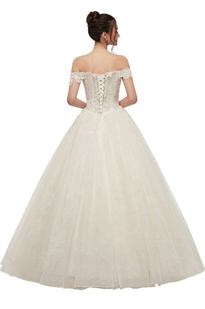 Off-shoulder Sweetheart A-line Lace-up Floor Length Lace Appliques Wedding Dresses