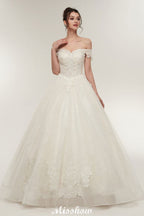 Off-shoulder Sweetheart A-line Lace-up Floor Length Lace Appliques Wedding Dresses