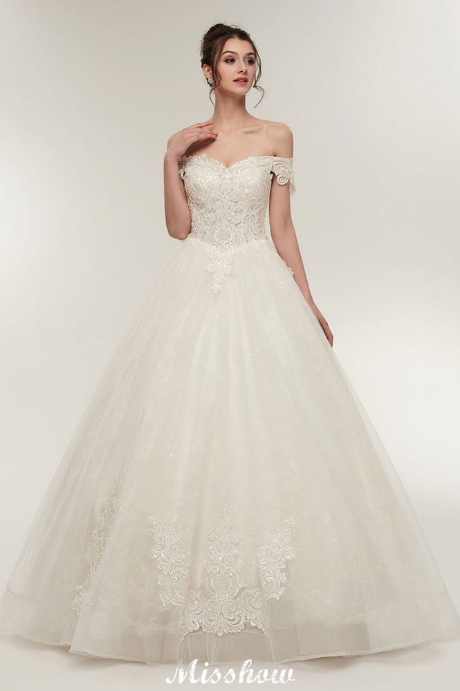 Off-shoulder Sweetheart A-line Lace-up Floor Length Lace Appliques Wedding Dresses