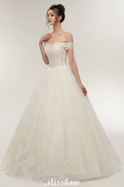 Off-shoulder Sweetheart A-line Lace-up Floor Length Lace Appliques Wedding Dresses