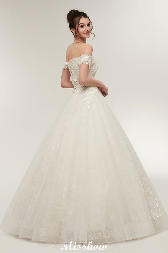 Off-shoulder Sweetheart A-line Lace-up Floor Length Lace Appliques Wedding Dresses