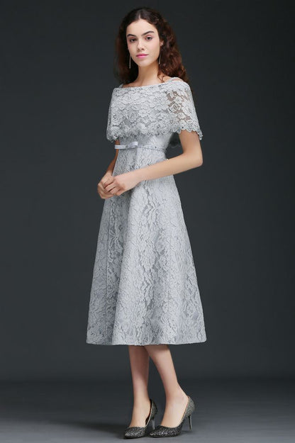 Off Shoulder Tea-Length A Line Lace Homecoming Dresses