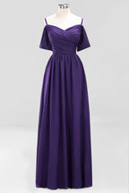 Vestido de dama de honor de gasa con hombros descubiertos, corte A, largo hasta el suelo, para invitada de boda