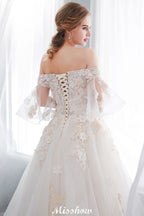 Schulterfreies A-Linien-Ballkleid mit bodenlangem Tüll-Brautkleid mit Applikationen