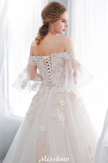 Off-the-shoulder Aline Ball Gown Floor Length Appliques Tulle Wedding Dress