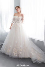 Schulterfreies A-Linien-Ballkleid mit bodenlangem Tüll-Brautkleid mit Applikationen