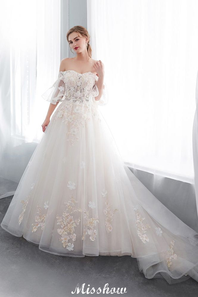 Off-the-shoulder Aline Ball Gown Floor Length Appliques Tulle Wedding Dress