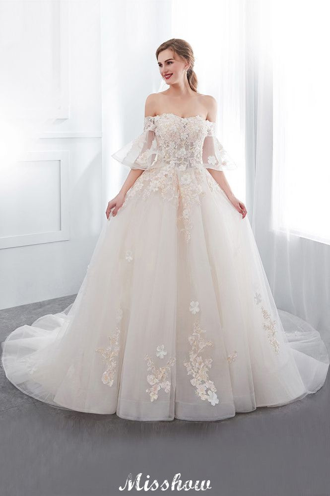 Off-the-shoulder Aline Ball Gown Floor Length Appliques Tulle Wedding Dress