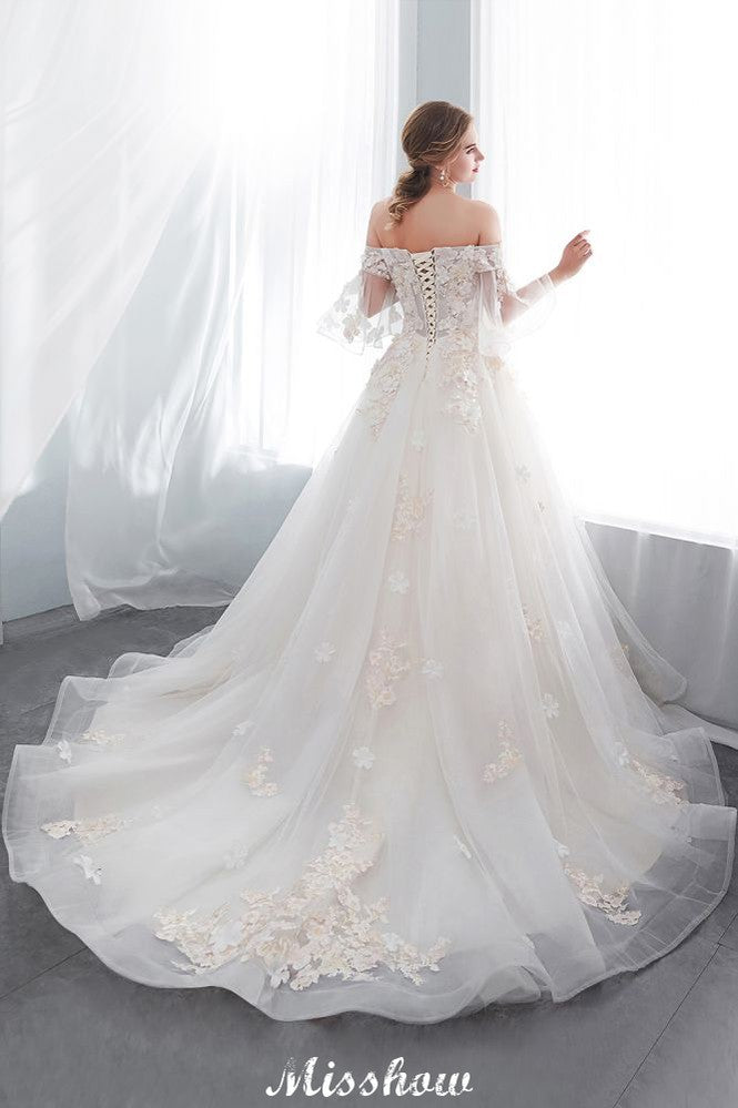 Off-the-shoulder Aline Ball Gown Floor Length Appliques Tulle Wedding Dress