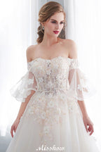 Schulterfreies A-Linien-Ballkleid mit bodenlangem Tüll-Brautkleid mit Applikationen