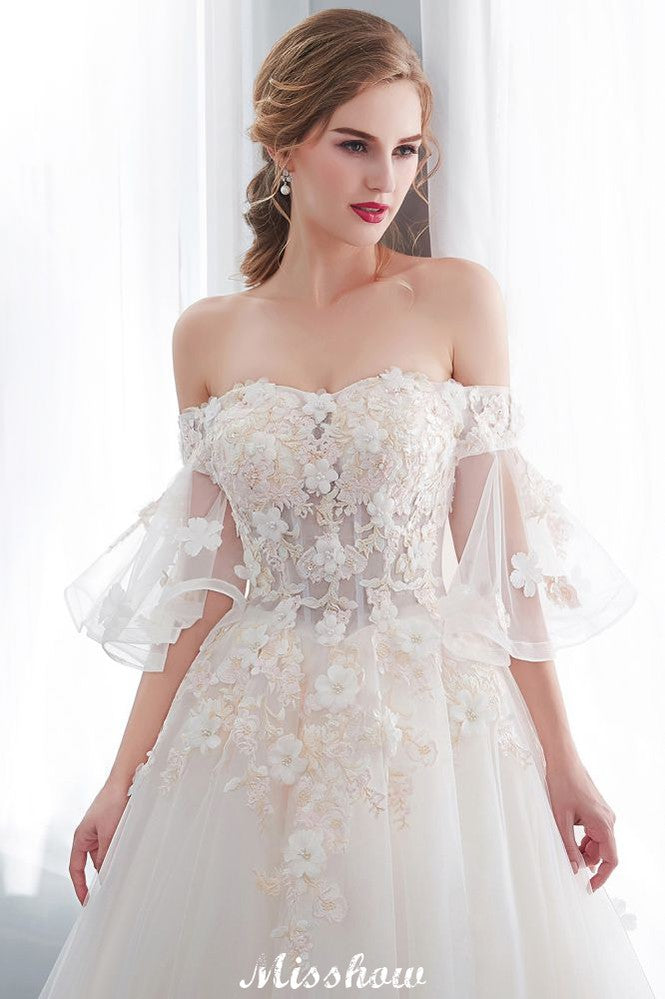 Off-the-shoulder Aline Ball Gown Floor Length Appliques Tulle Wedding Dress