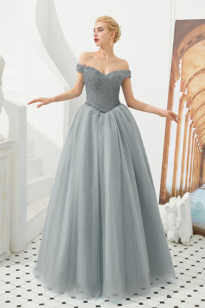 Vestido de fiesta de princesa con hombros descubiertos, corte en A, tul, largo hasta el suelo, con cuentas y cordones