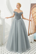 Vestido de fiesta de princesa con hombros descubiertos, corte en A, tul, largo hasta el suelo, con cuentas y cordones