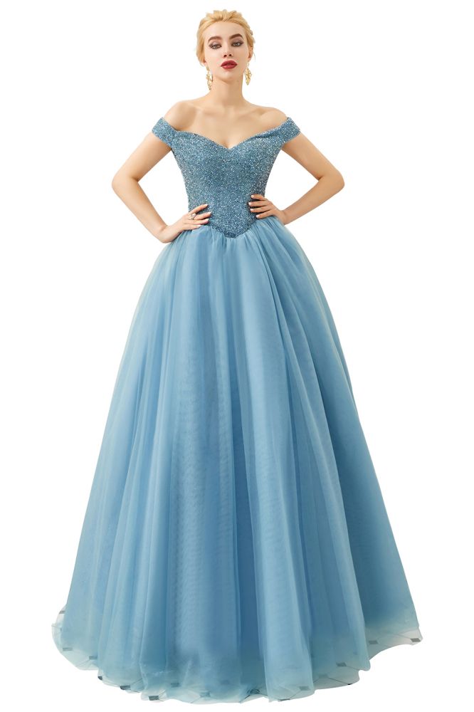 Vestido de fiesta de princesa con hombros descubiertos, corte en A, tul, largo hasta el suelo, con cuentas y cordones