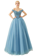 Vestido de fiesta de princesa con hombros descubiertos, corte en A, tul, largo hasta el suelo, con cuentas y cordones