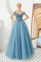 Vestido de fiesta de princesa con hombros descubiertos, corte en A, tul, largo hasta el suelo, con cuentas y cordones