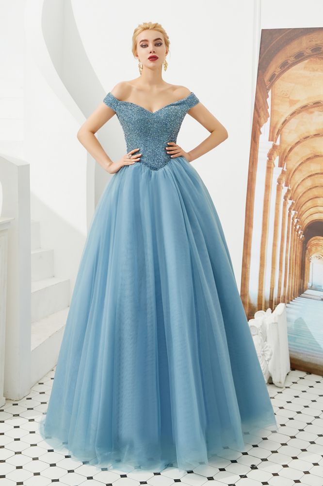 Vestido de fiesta de princesa con hombros descubiertos, corte en A, tul, largo hasta el suelo, con cuentas y cordones