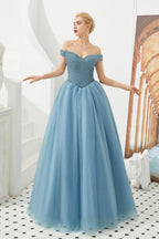 Vestido de fiesta de princesa con hombros descubiertos, corte en A, tul, largo hasta el suelo, con cuentas y cordones
