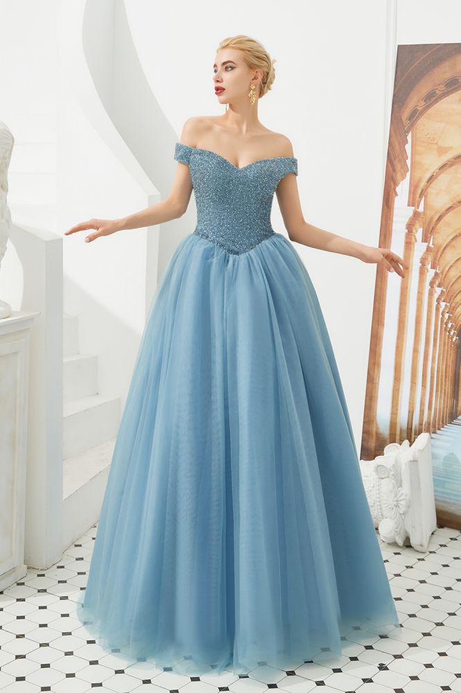 Vestido de fiesta de princesa con hombros descubiertos, corte en A, tul, largo hasta el suelo, con cuentas y cordones