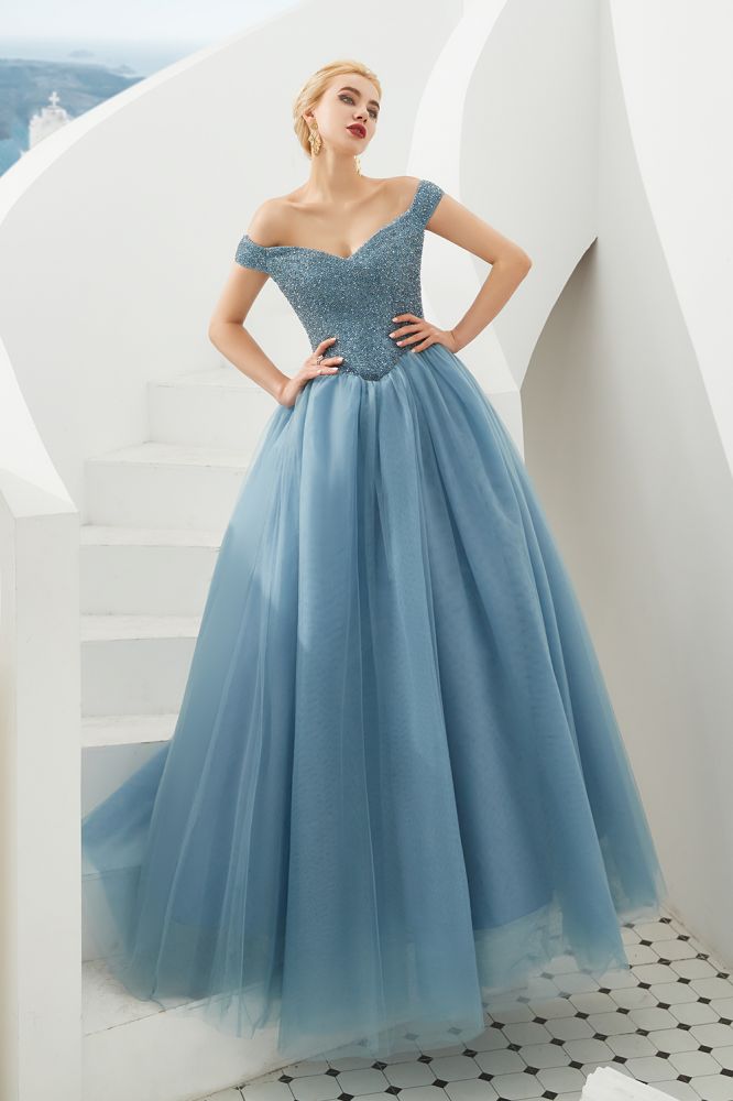 Vestido de fiesta de princesa con hombros descubiertos, corte en A, tul, largo hasta el suelo, con cuentas y cordones