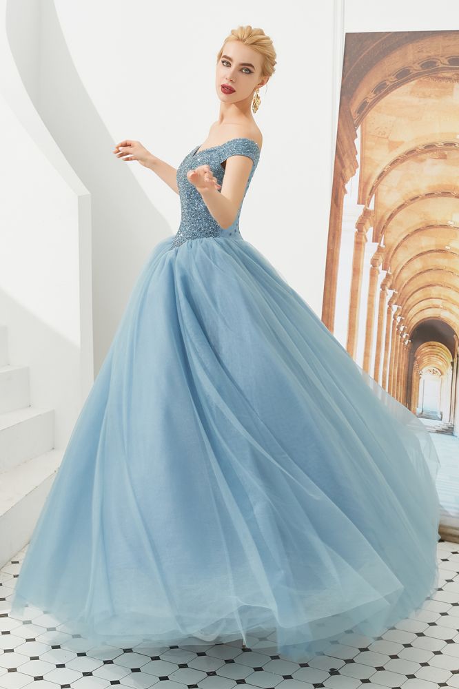 Vestido de fiesta de princesa con hombros descubiertos, corte en A, tul, largo hasta el suelo, con cuentas y cordones