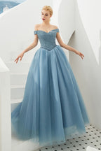Vestido de fiesta de princesa con hombros descubiertos, corte en A, tul, largo hasta el suelo, con cuentas y cordones