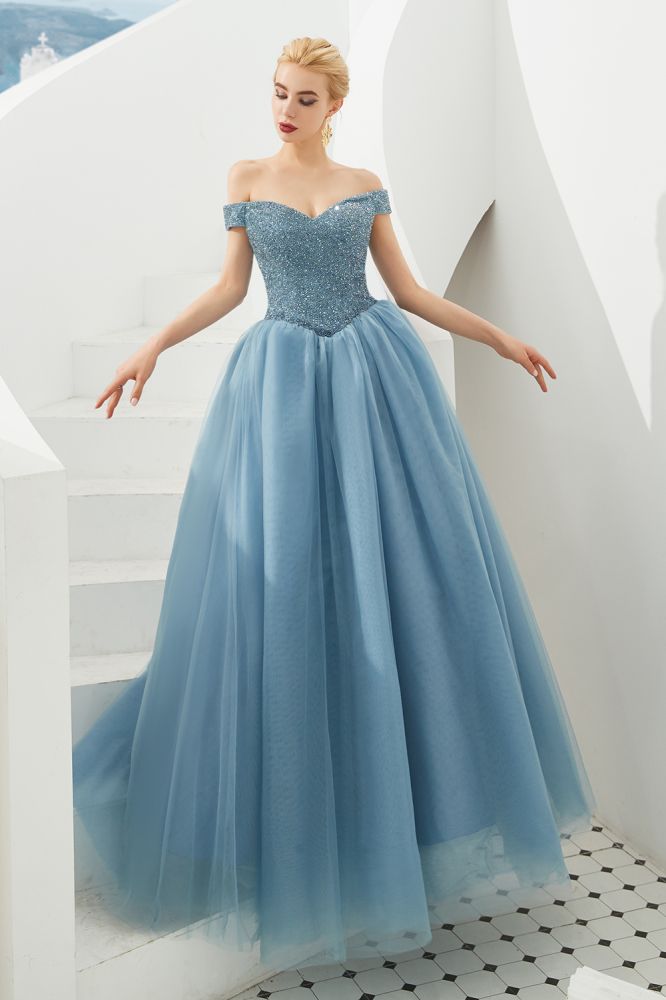 Vestido de fiesta de princesa con hombros descubiertos, corte en A, tul, largo hasta el suelo, con cuentas y cordones