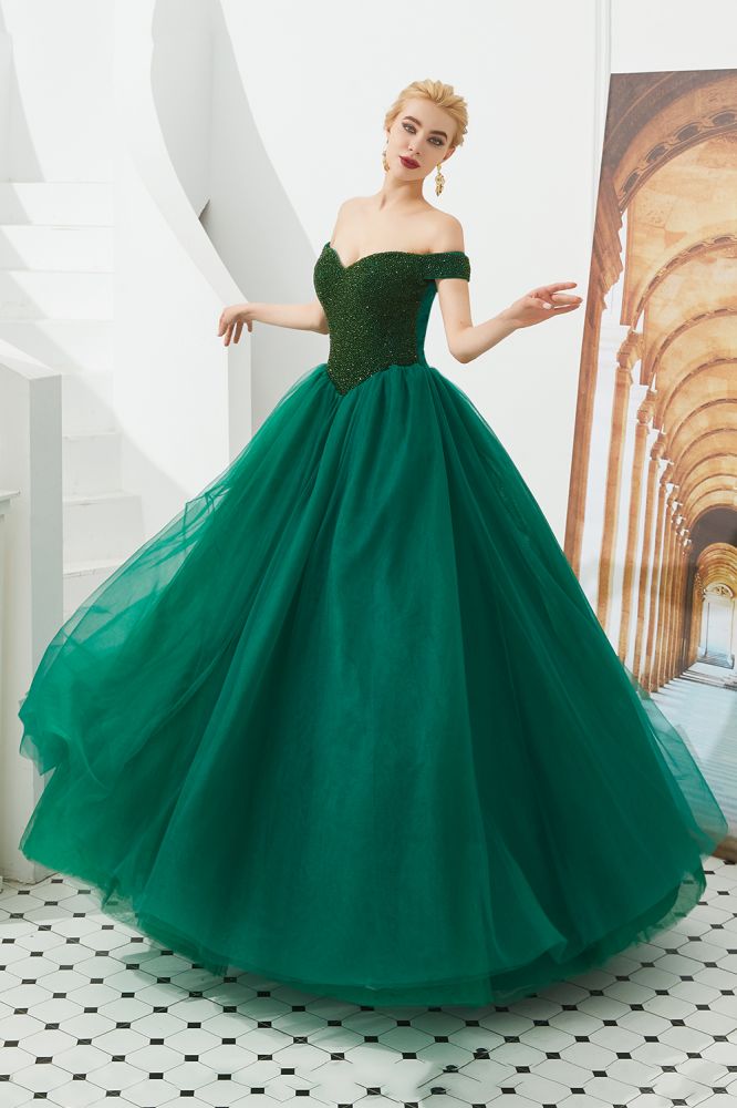 Vestido de fiesta de princesa con hombros descubiertos, corte en A, tul, largo hasta el suelo, con cuentas y cordones