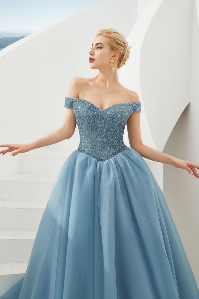 Vestido de fiesta de princesa con hombros descubiertos, corte en A, tul, largo hasta el suelo, con cuentas y cordones