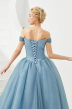 Vestido de fiesta de princesa con hombros descubiertos, corte en A, tul, largo hasta el suelo, con cuentas y cordones