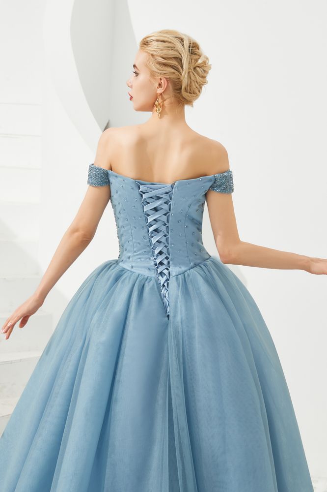 Vestido de fiesta de princesa con hombros descubiertos, corte en A, tul, largo hasta el suelo, con cuentas y cordones