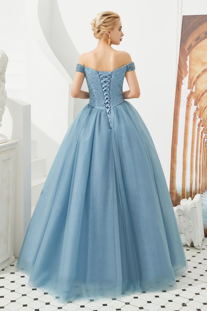 Vestido de fiesta de princesa con hombros descubiertos, corte en A, tul, largo hasta el suelo, con cuentas y cordones