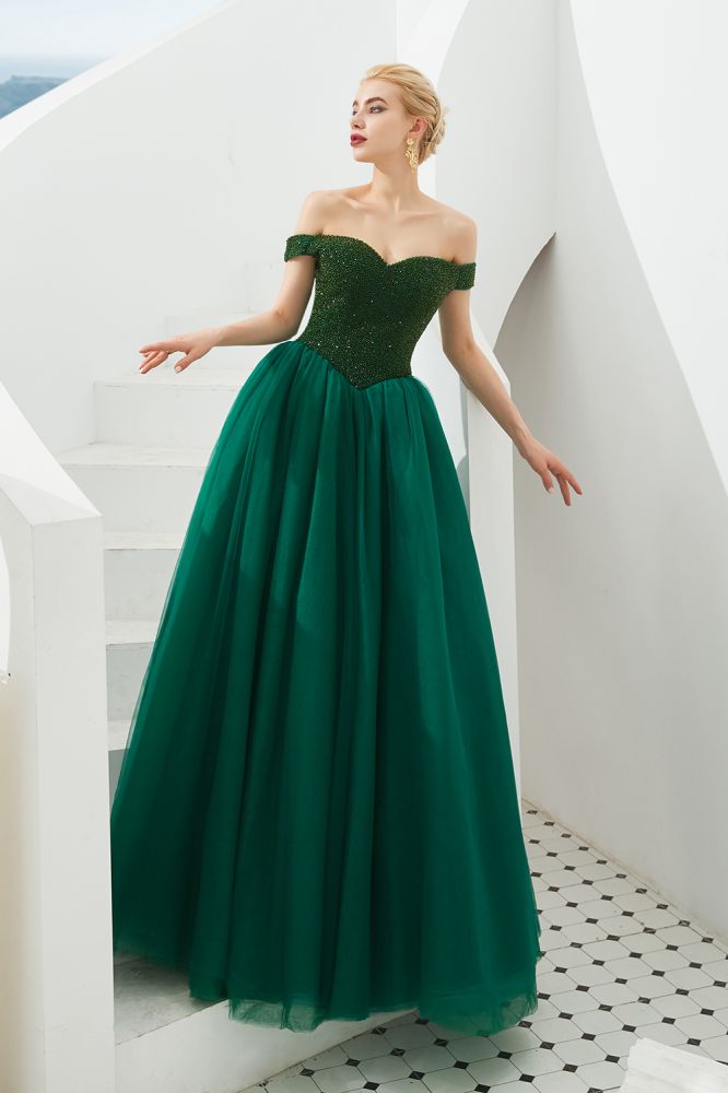 Vestido de fiesta de princesa con hombros descubiertos, corte en A, tul, largo hasta el suelo, con cuentas y cordones