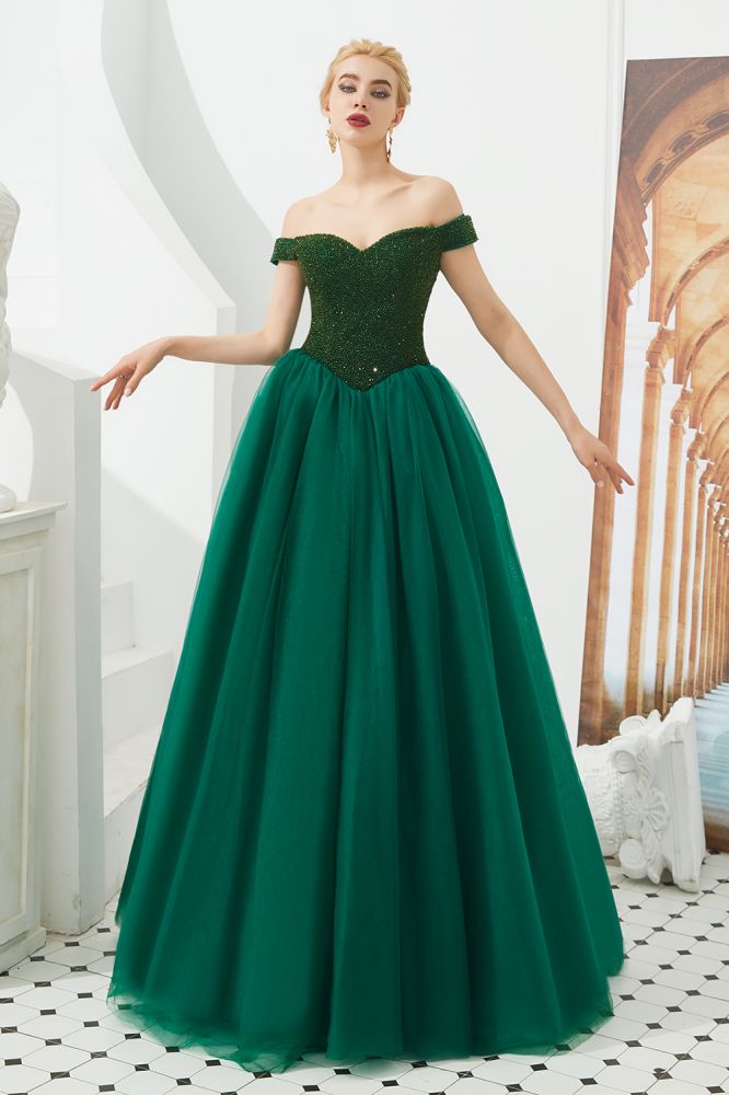 Vestido de fiesta de princesa con hombros descubiertos, corte en A, tul, largo hasta el suelo, con cuentas y cordones