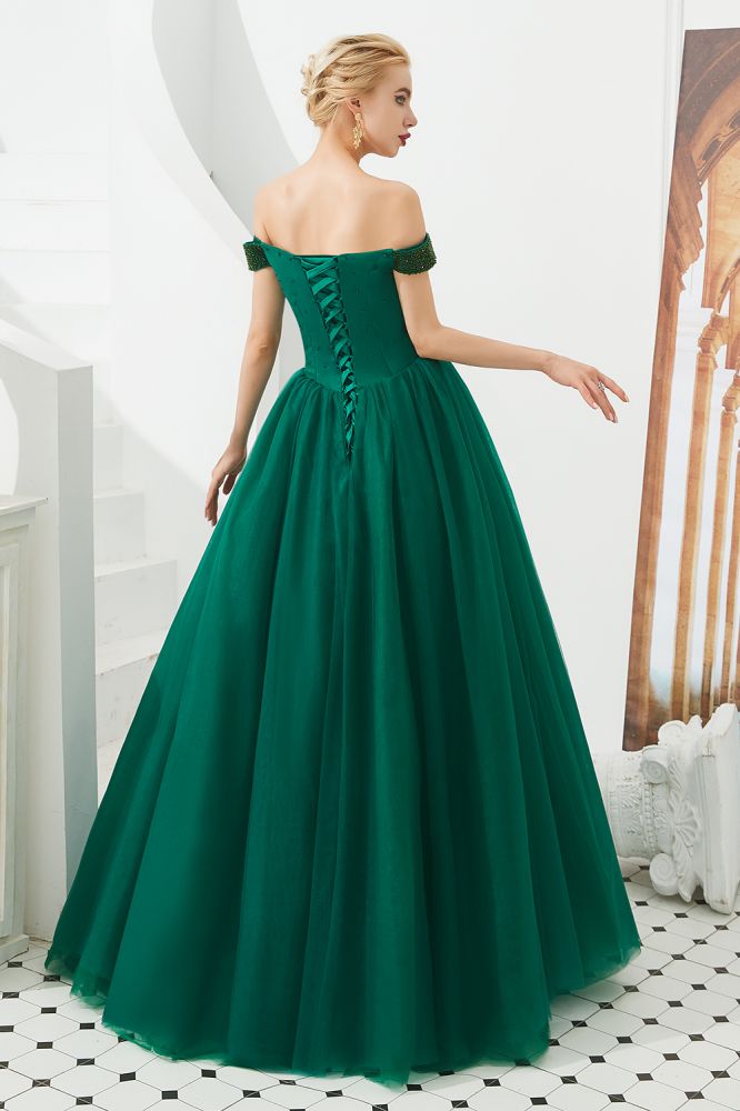 Vestido de fiesta de princesa con hombros descubiertos, corte en A, tul, largo hasta el suelo, con cuentas y cordones