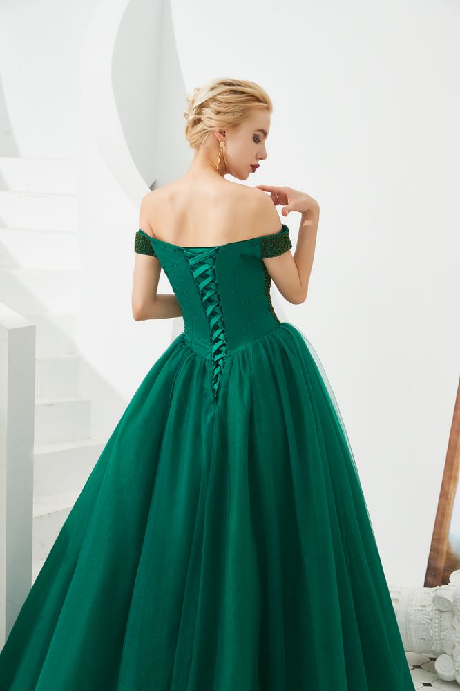 Vestido de fiesta de princesa con hombros descubiertos, corte en A, tul, largo hasta el suelo, con cuentas y cordones
