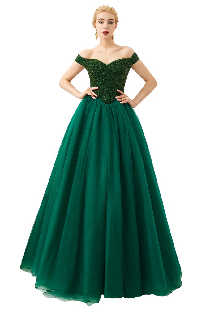 Vestido de fiesta de princesa con hombros descubiertos, corte en A, tul, largo hasta el suelo, con cuentas y cordones