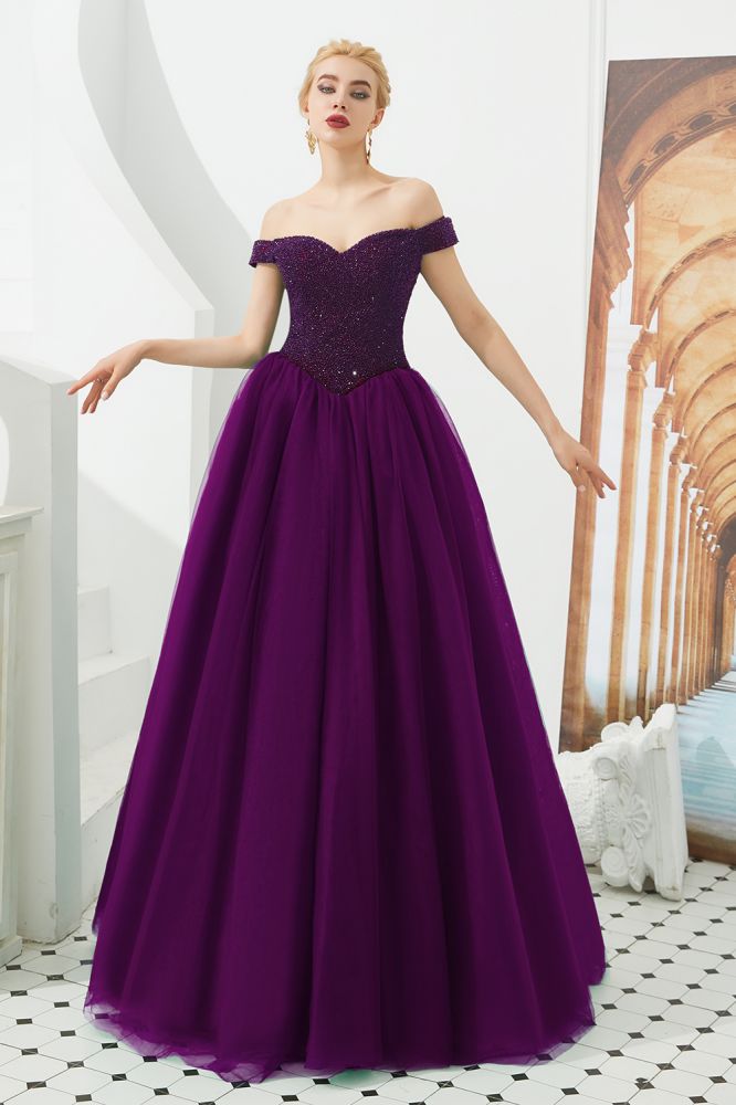 Vestido de fiesta de princesa con hombros descubiertos, corte en A, tul, largo hasta el suelo, con cuentas y cordones